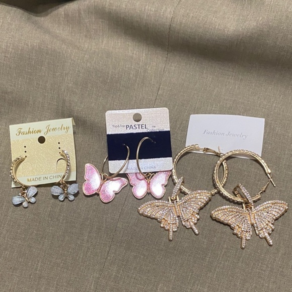 Fashion Jewelry Butterfly and Floral Earrings - Gold, Pink, and Silver